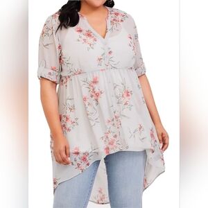 Torrid Size 4 Lizzie Gray Floral Chiffon Hi-lo Button Down Tunic- NWT